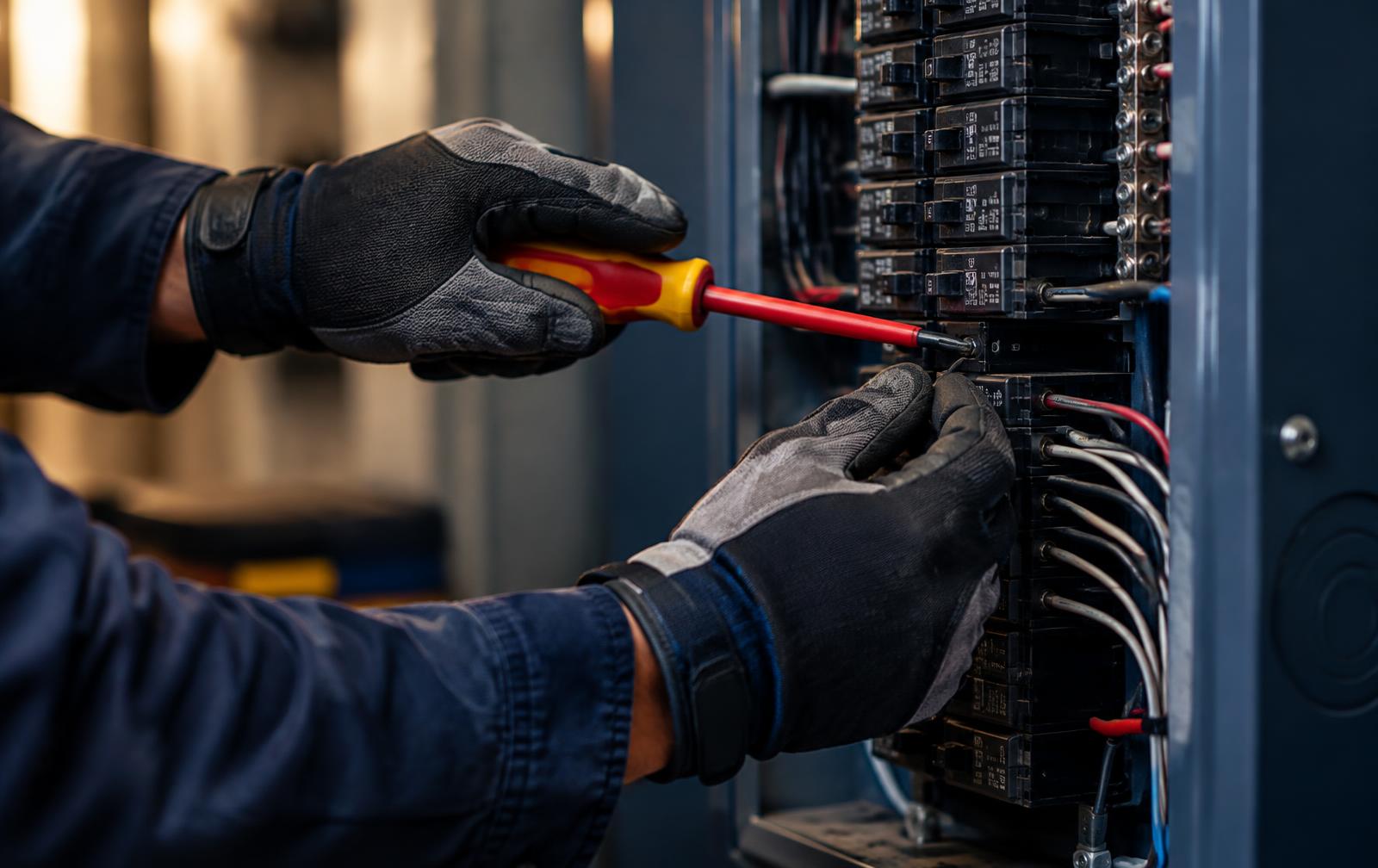 Gloved hands using an insulated screwdriver on an electrical panel (illustrative image)